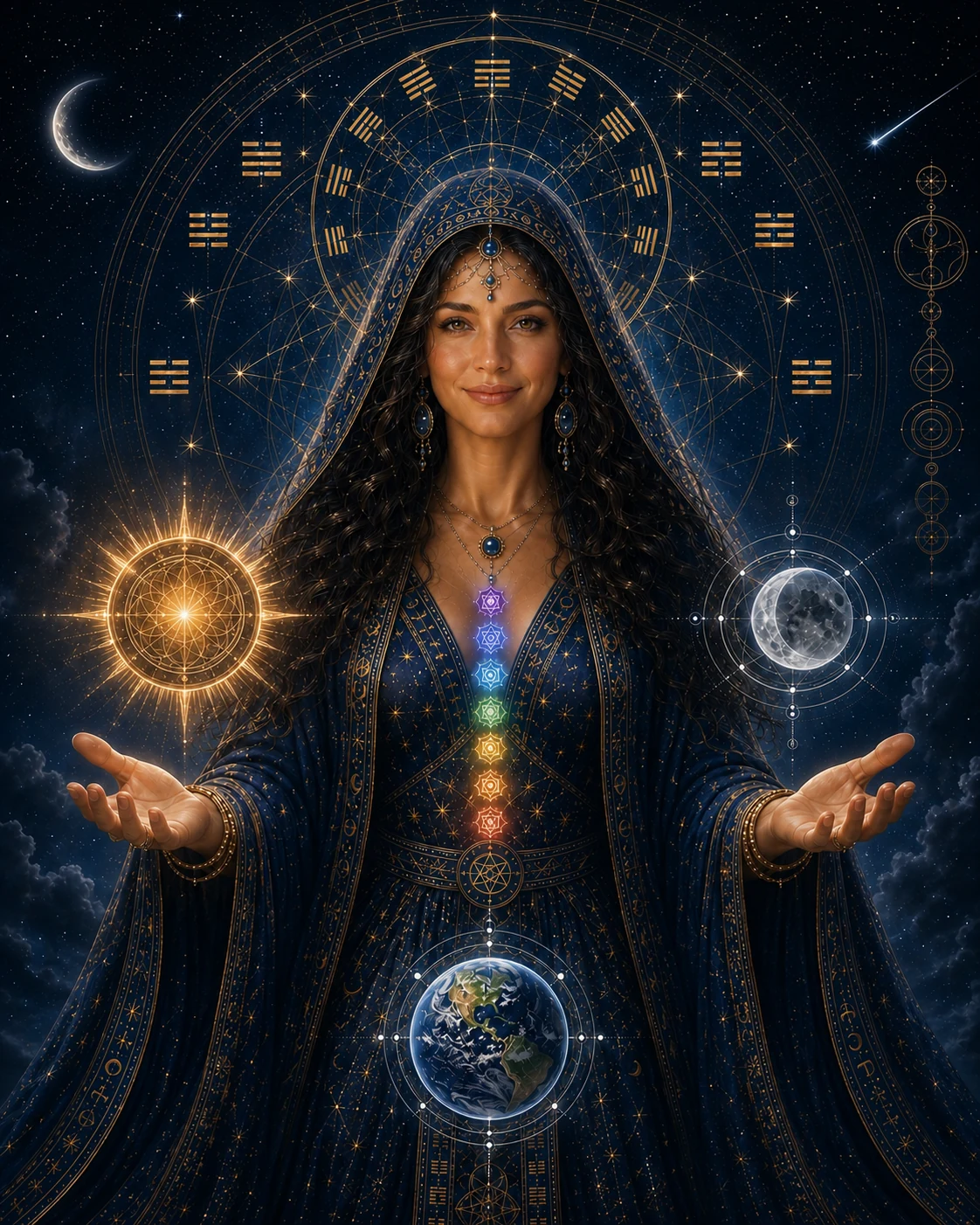 Aurelia, a celestial oracle in deep indigo robes, crowned with a gold I Ching trigram halo, a column of chakra light down her chest, a glowing sun in one upturned palm and a moon in the other.